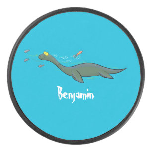 Cute, happy sea monster plesiosaur cartoon hockey puck