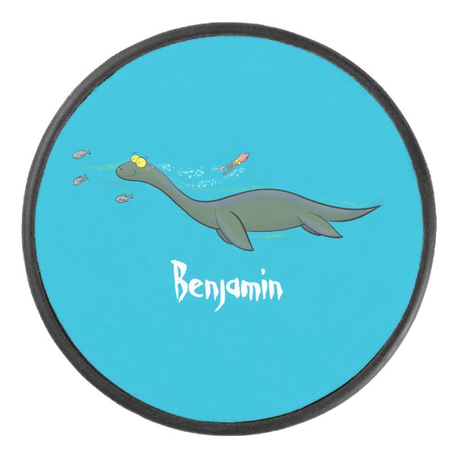 Cute, happy sea monster plesiosaur cartoon hockey puck (Front)