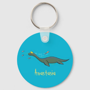 Cute, happy sea monster plesiosaur cartoon key ring
