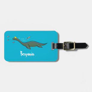 Cute, happy sea monster plesiosaur cartoon luggage tag