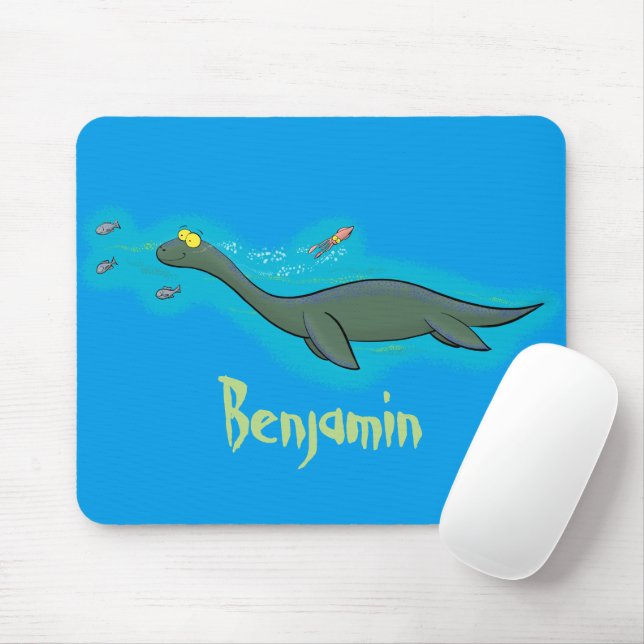 Cute, happy sea monster plesiosaur cartoon mouse mat (With Mouse)