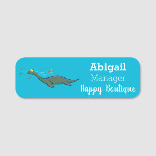 Cute, happy sea monster plesiosaur cartoon name tag