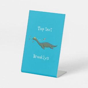 Cute, happy sea monster plesiosaur cartoon pedestal sign