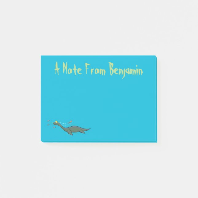 Cute, happy sea monster plesiosaur cartoon post-it notes (Front)