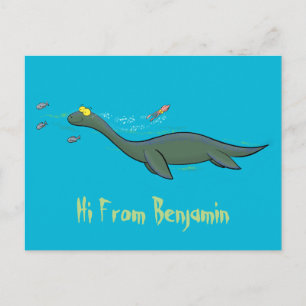 Cute, happy sea monster plesiosaur cartoon postcard