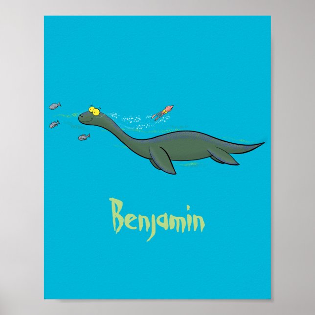 Cute, happy sea monster plesiosaur cartoon poster (Front)