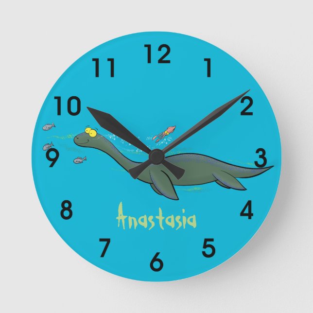Cute, happy sea monster plesiosaur cartoon round clock (Front)