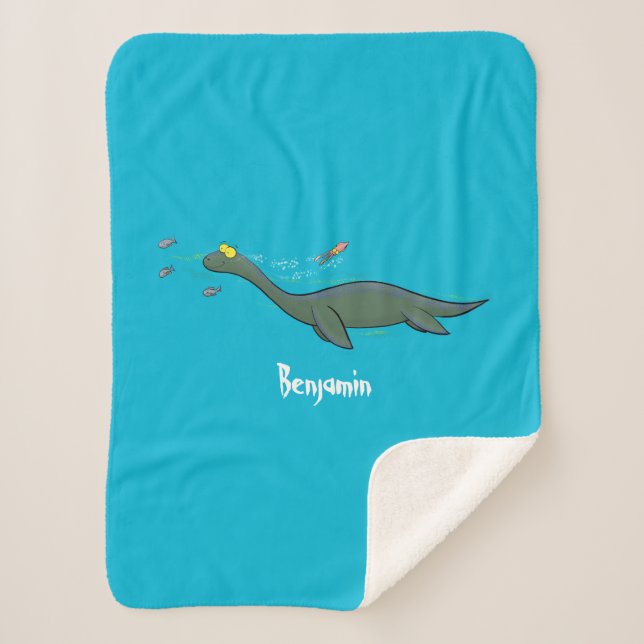 Cute, happy sea monster plesiosaur cartoon sherpa blanket (Front)