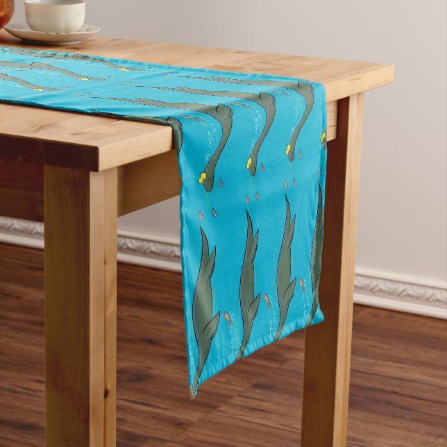 Cute, happy sea monster plesiosaur cartoon  short table runner (In Situ)