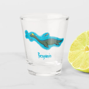 Cute, happy sea monster plesiosaur cartoon  shot glass