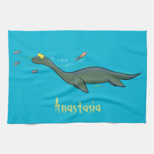 Cute, happy sea monster plesiosaur cartoon tea towel