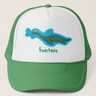 Cute, happy sea monster plesiosaur cartoon trucker hat