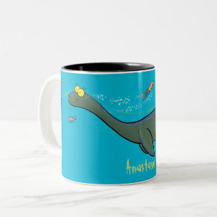 Cute, happy sea monster plesiosaur cartoon Two-Tone coffee mug