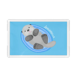 Cute happy sea otter blue cartoon illustration acrylic tray