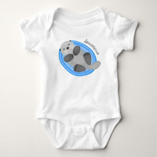 Cute happy sea otter blue cartoon illustration baby bodysuit