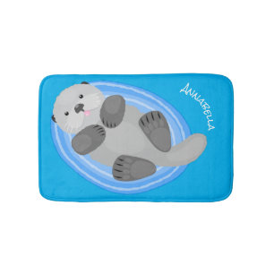 Cute happy sea otter blue cartoon illustration bath mat