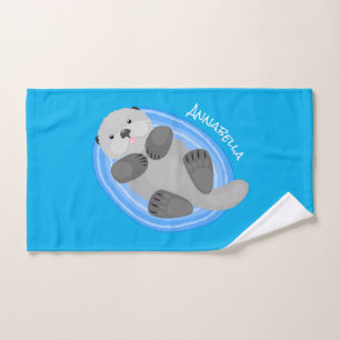 Cute happy sea otter blue cartoon illustration bath towel set