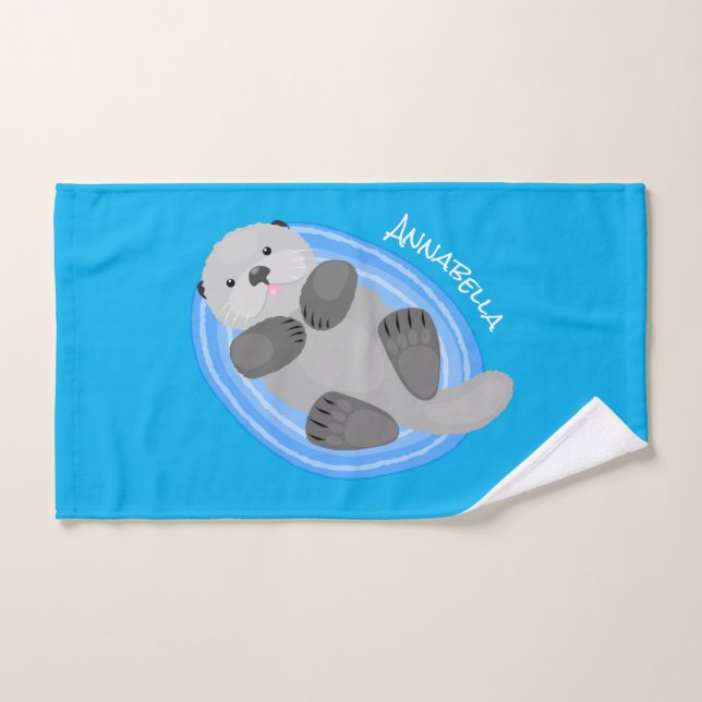 Cute happy sea otter blue cartoon illustration bath towel set (Hand Towel)