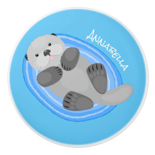 Cute happy sea otter blue cartoon illustration ceramic knob