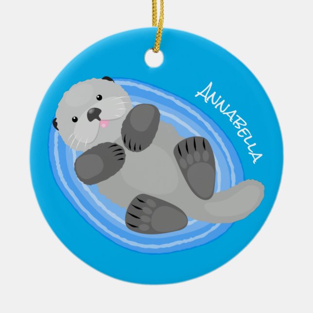 Cute happy sea otter blue cartoon illustration ceramic tree decoration (Front)