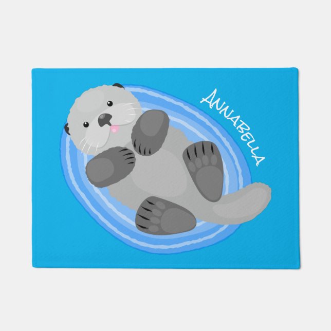 Cute happy sea otter blue cartoon illustration doormat (Front)