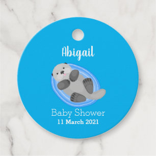 Cute happy sea otter blue cartoon illustration favour tags