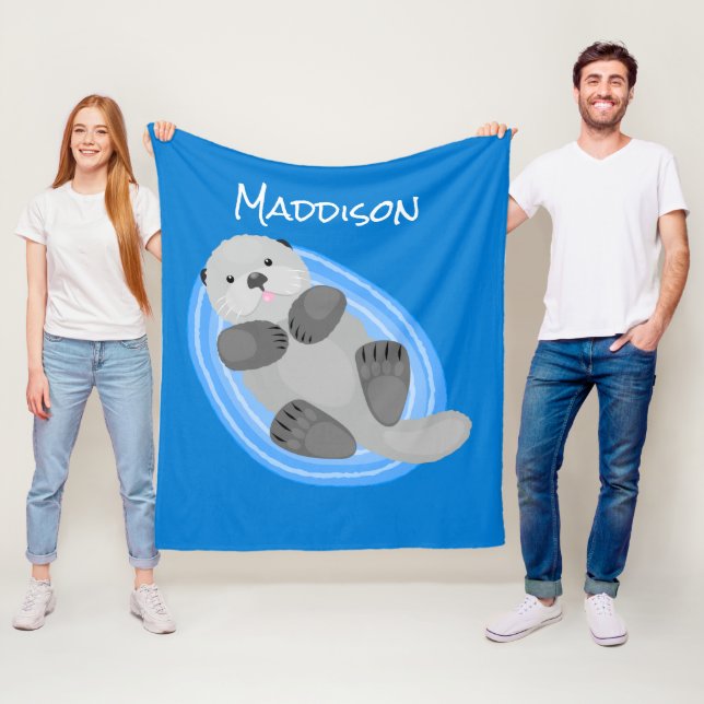 Cute happy sea otter blue cartoon illustration fleece blanket (In Situ)
