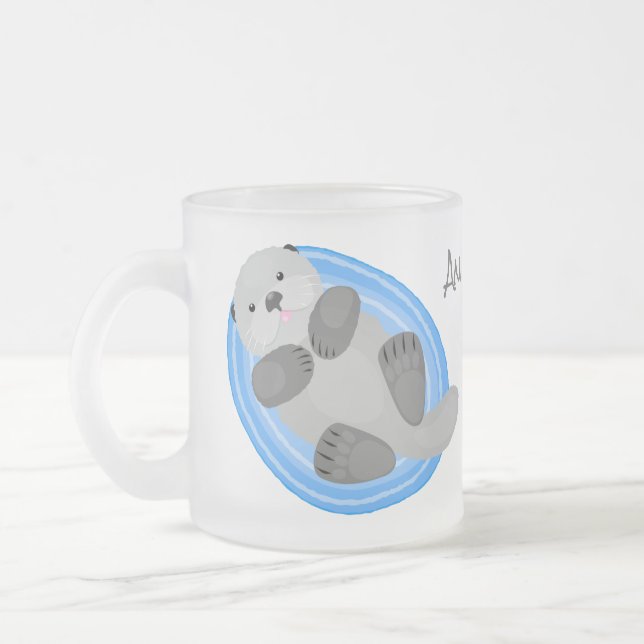 Cute happy sea otter blue cartoon illustration frosted glass coffee mug (Left)