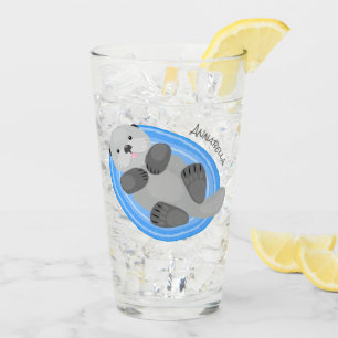 Cute happy sea otter blue cartoon illustration glass