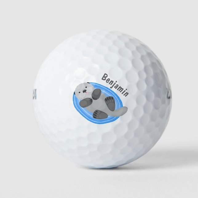 Cute happy sea otter blue cartoon illustration golf balls (Front)