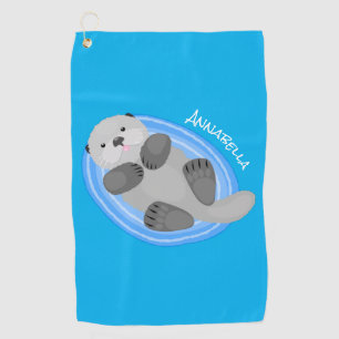 Cute happy sea otter blue cartoon illustration golf towel