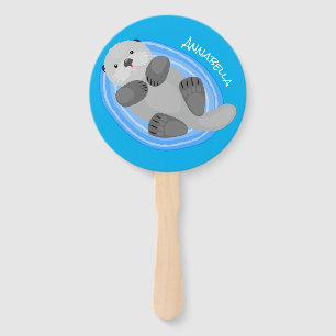 Cute happy sea otter blue cartoon illustration hand fan