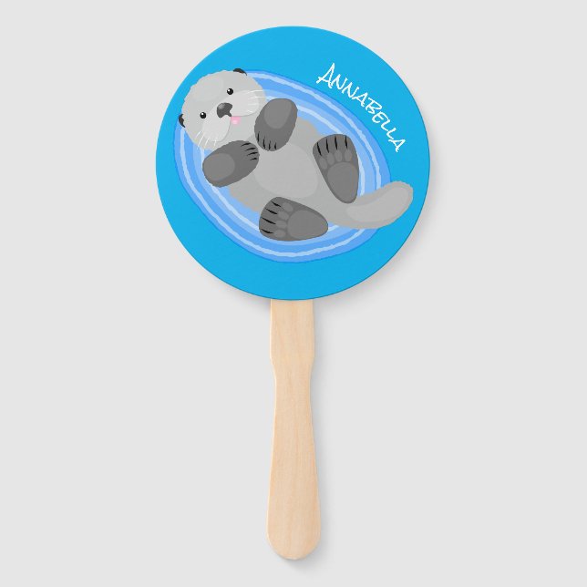 Cute happy sea otter blue cartoon illustration hand fan (Front)