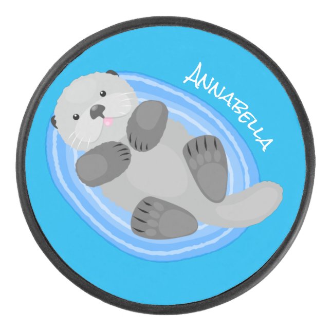 Cute happy sea otter blue cartoon illustration hockey puck (Front)
