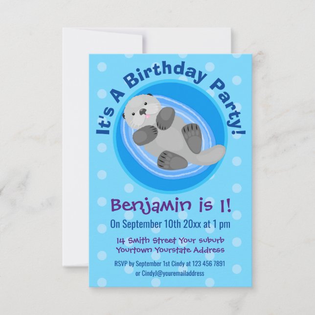 Cute happy sea otter blue cartoon illustration invitation (Front)