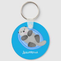 Cute happy sea otter blue cartoon illustration