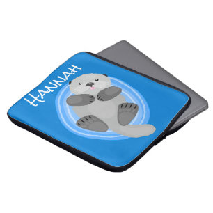 Cute happy sea otter blue cartoon illustration laptop sleeve