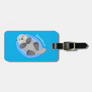 Cute happy sea otter blue cartoon illustration luggage tag