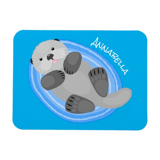 Cute happy sea otter blue cartoon illustration magnet (Horizontal)