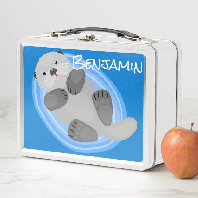 Cute happy sea otter blue cartoon illustration metal lunch box (In Situ)