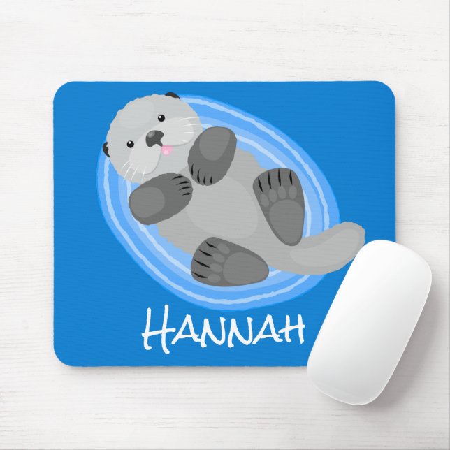 Cute happy sea otter blue cartoon illustration mouse mat (With Mouse)