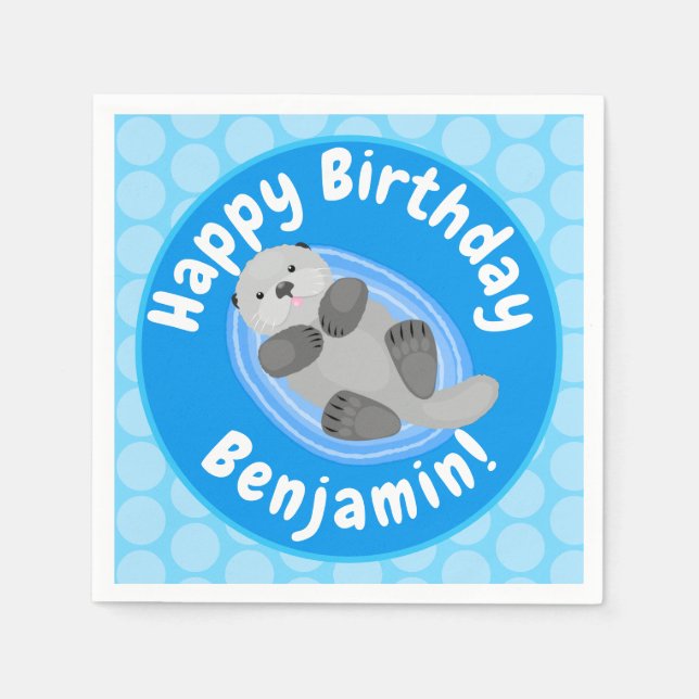 Cute happy sea otter blue cartoon illustration napkin (Front)