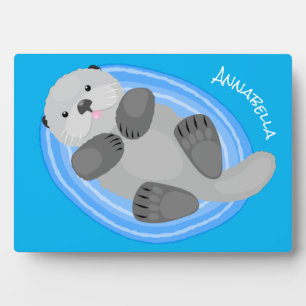 Cute happy sea otter blue cartoon illustration plaque