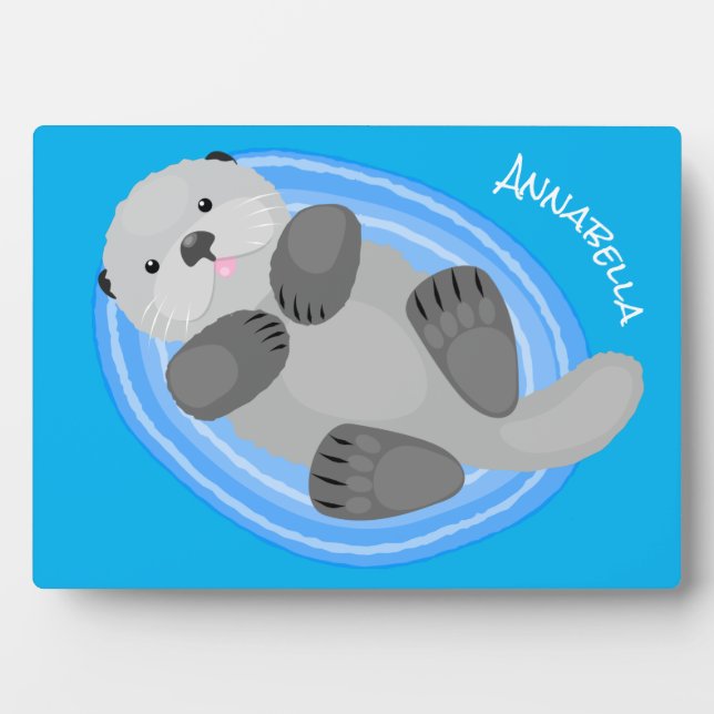 Cute happy sea otter blue cartoon illustration plaque (Front)