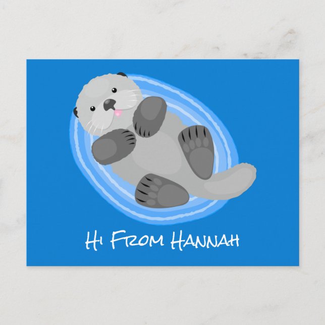 Cute happy sea otter blue cartoon illustration postcard (Front)