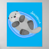 Cute happy sea otter blue cartoon illustration