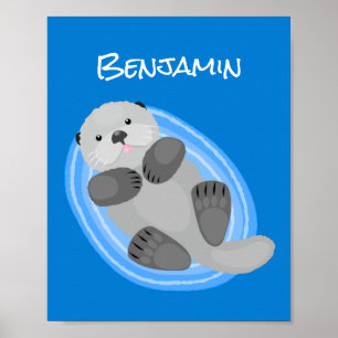 Cute happy sea otter blue cartoon illustration poster