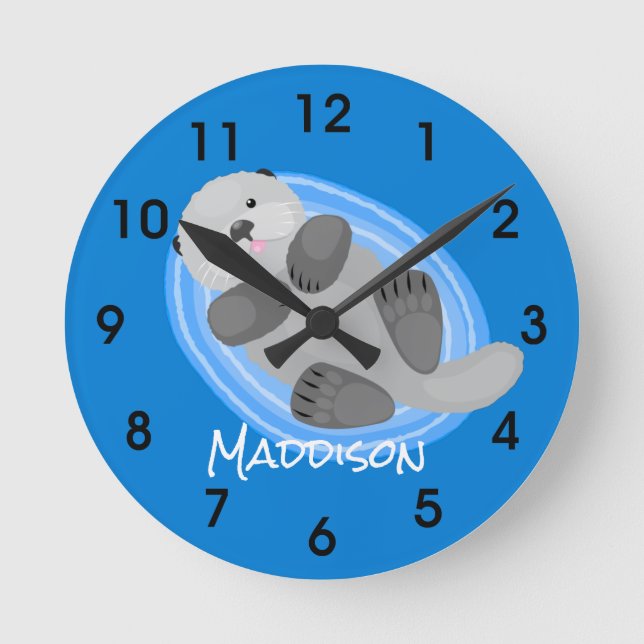 Cute happy sea otter blue cartoon illustration round clock (Front)