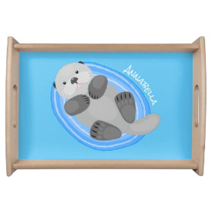 Cute happy sea otter blue cartoon illustration serving tray