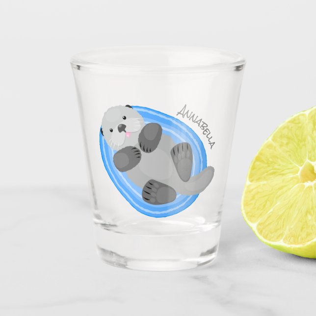 Cute happy sea otter blue cartoon illustration  shot glass (Front)